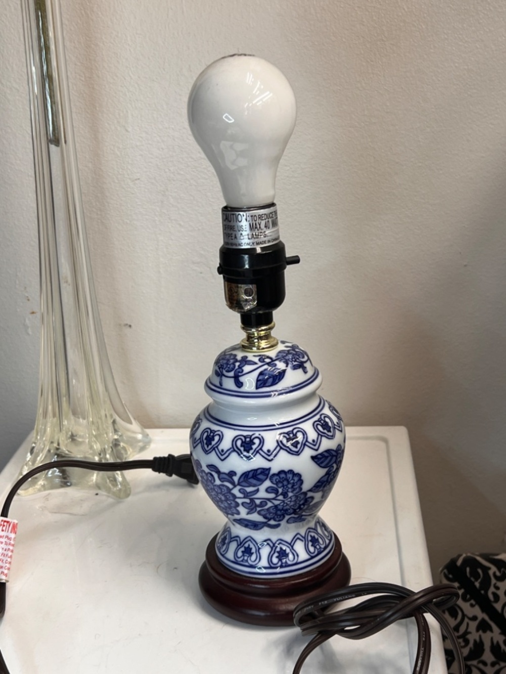 Chinoiserie Small Bedside Ceramic Lamp Blue and White on Wooden Base - RARE!